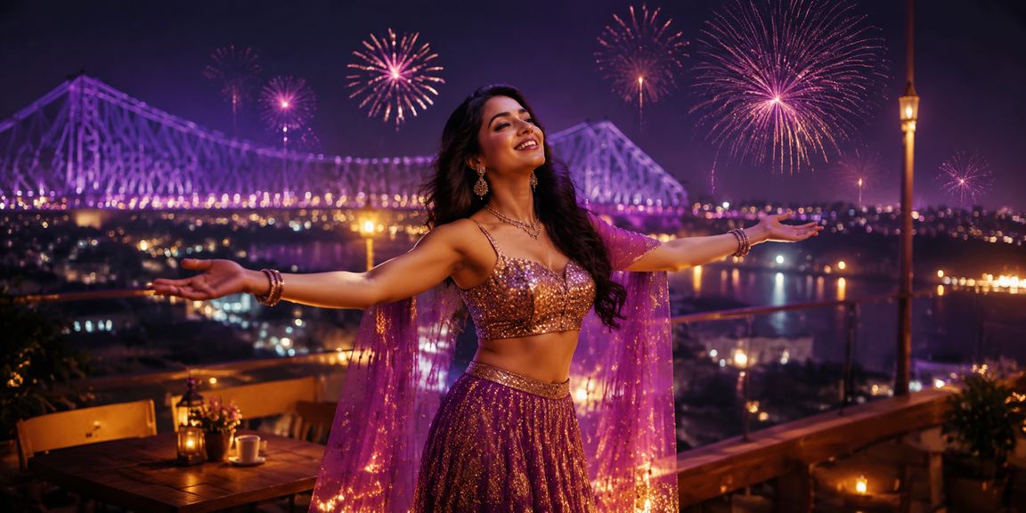 Kolkata Howrah Bridge with casino and Bollywood entertainment lights